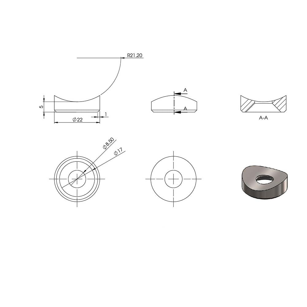 Ausgleichsstück mit Senkung für Anschluss ø 42,4mm, Außendurchmesser ø 22mm, Bohrung 8,5mm, in V2A