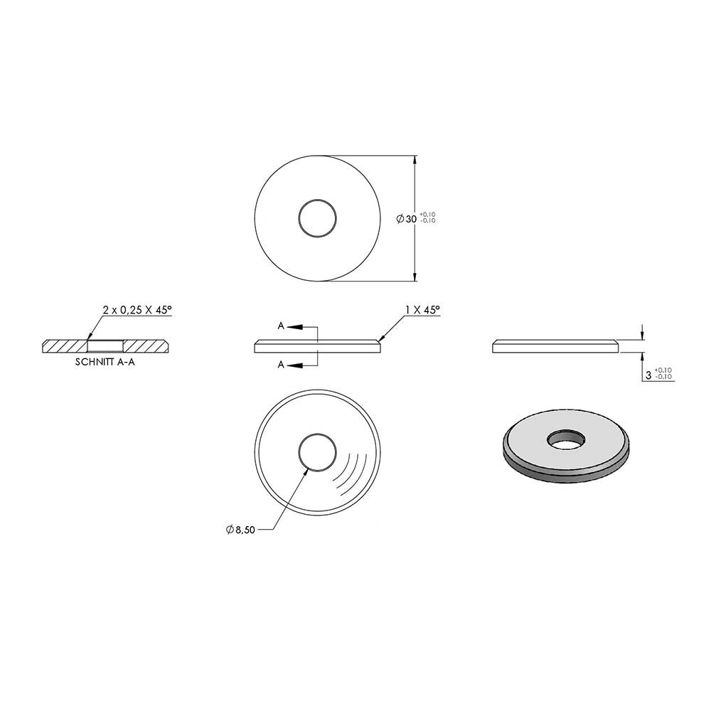 Beilagescheibe, Durchmesser ø 30mm, Stärke 3mm, mit Bohrung 8,5mm in V2A