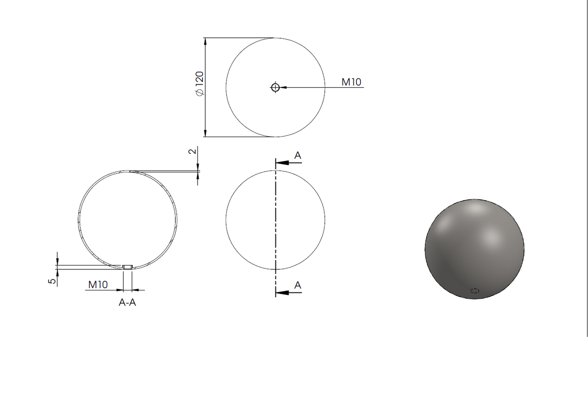 Edelstahlkugel hohl ø 120mm, mit M10 Gewinde