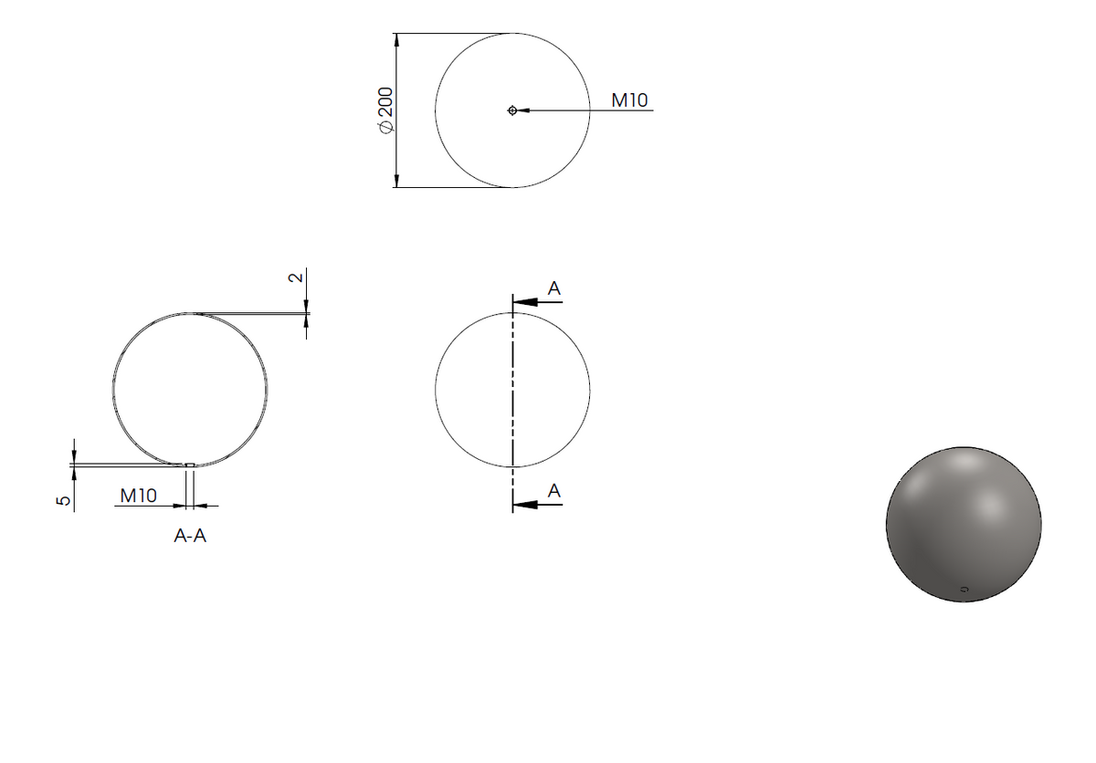 Edelstahlkugel hohl ø 200mm, mit M10 Gewinde
