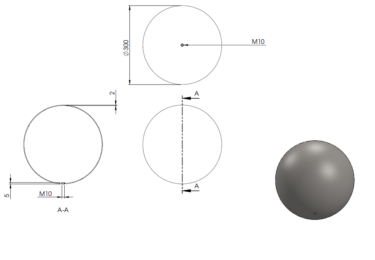 Edelstahlkugel hohl ø 300mm, mit M10 Gewinde