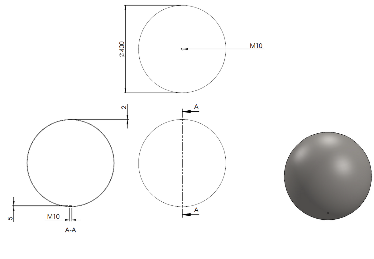 Edelstahlkugel hohl ø 400mm, mit M10 Gewinde