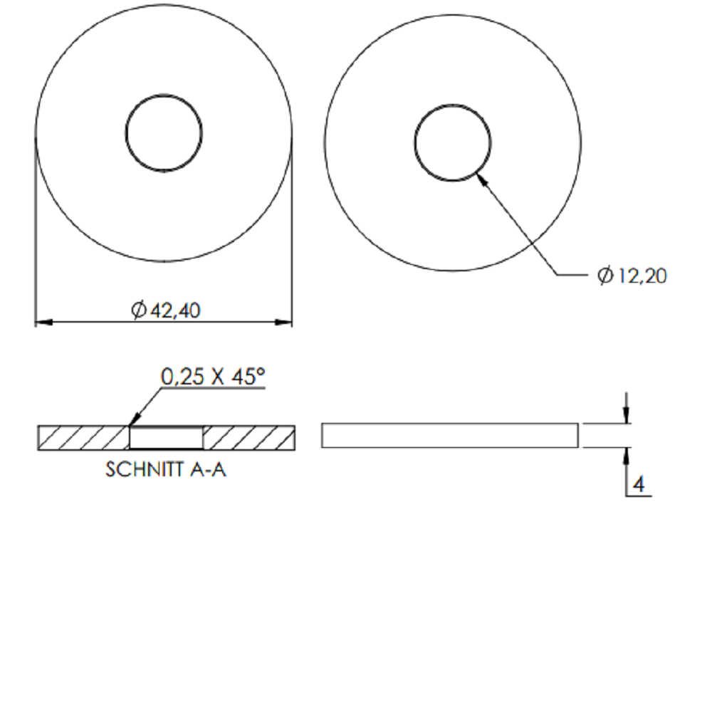 Ronde ø 42,4mm, Stärke 4mm, mit ø 12,1mm Mittelbohrung, gelasert, Stahl roh