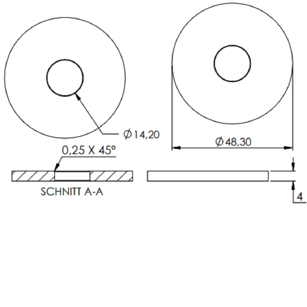Ronde ø 48,3mm, Stärke 4mm, mit ø 14,1mm Mittelbohrung, gelasert, Stahl roh