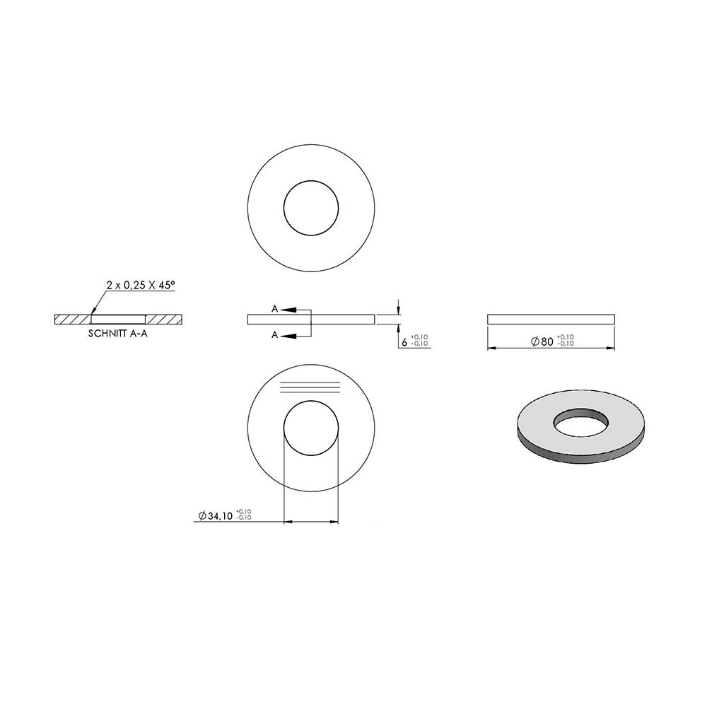 Ronde ø 80mm, Stärke 6mm, mit ø 34mm Mittelbohrung, einseitig geschliffen, mit Längsschliff