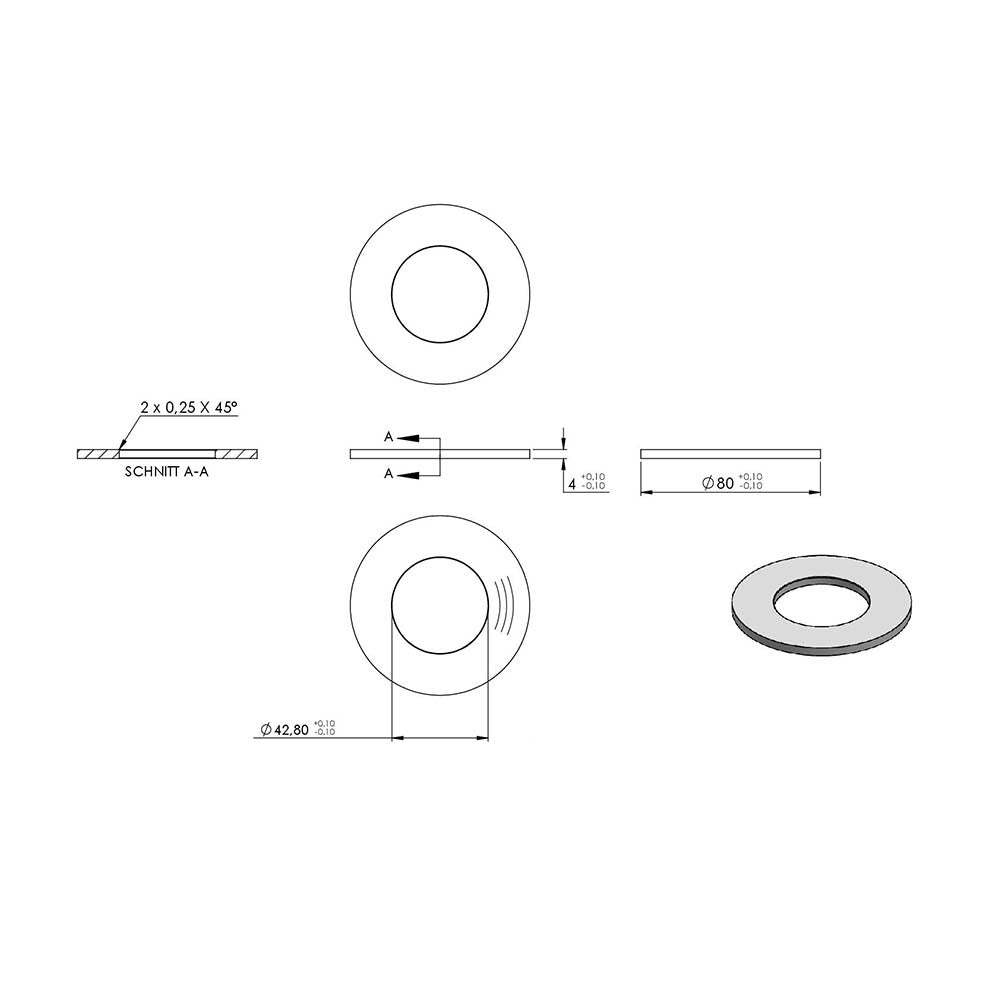 Ronde ø 80mm, Stärke 4mm, mit ø 42,8mm Mittelbohrung, einseitig und Rand geschliffen, mit Rundschliff