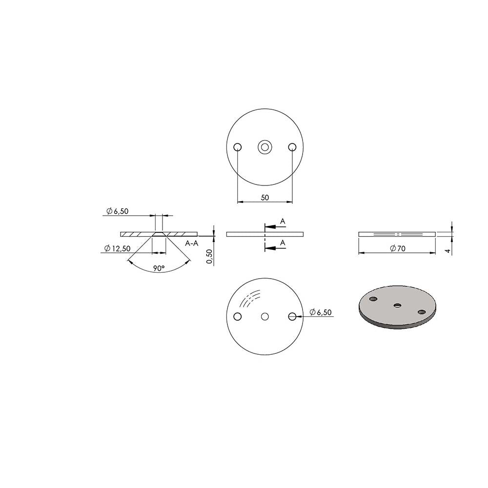Ronde ø 70mm, Stärke 4mm, mit zwei ø 6,5mm Bohrungen und ø 6,5mm Zentrierbohrung, mit Rundschliff