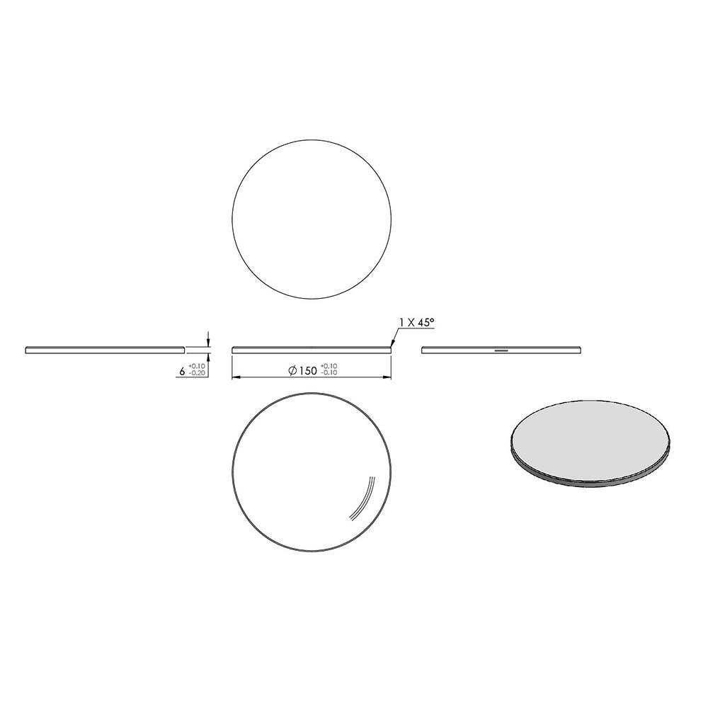 Ronde ø 150mm mit Fase, Stärke 6mm, einseitig geschliffen, mit Rundschliff