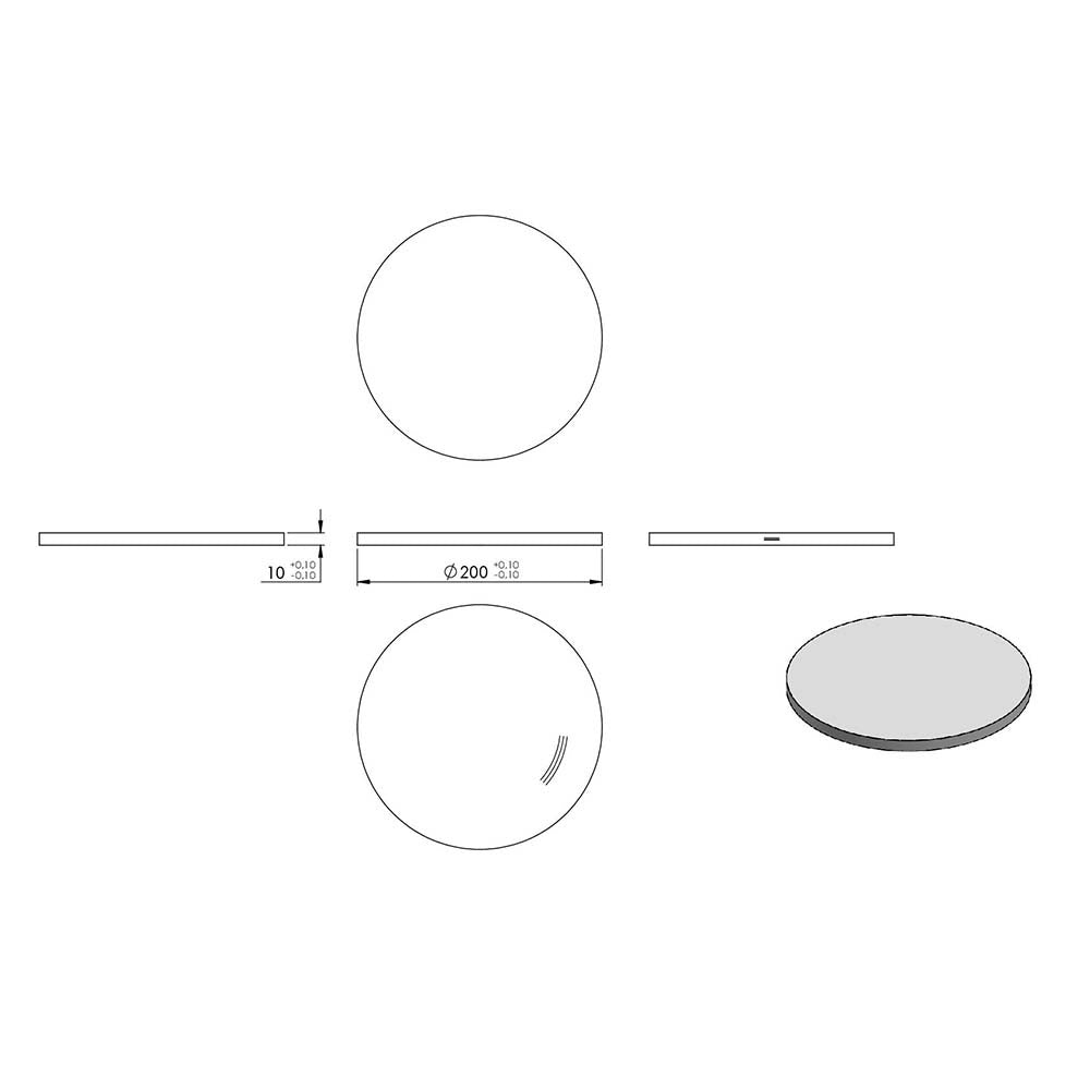Ronde ø 200mm, Stärke 10mm, einseitig geschliffen, mit Rundschliff