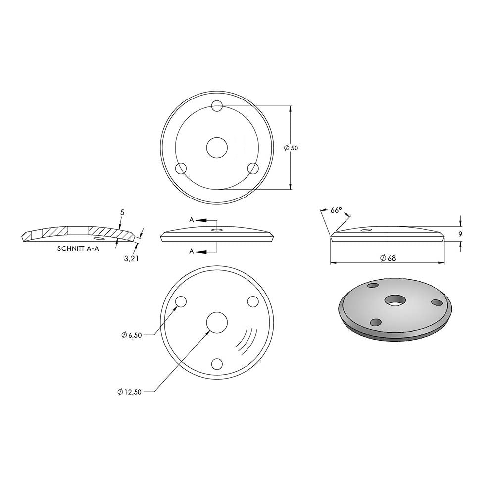 Ronde gewölbt ø 70mm, Stärke 5mm, mit drei ø 6,5mm Bohrungen und ø 12,5mm Zentrierbohrung
