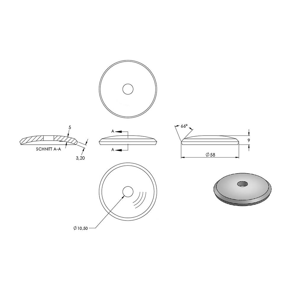 Ronde gewölbt ø 58mm, Stärke 5mm, mit ø 10,5mm Mittelbohrung