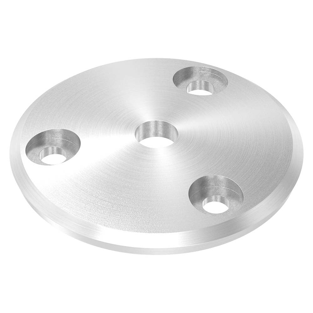 Ronde gewölbt ø 68mm, Stärke 5mm, mit drei flach gesenkten ø 6,5mm Bohrungen und ø 10mm Zentrierbohrung