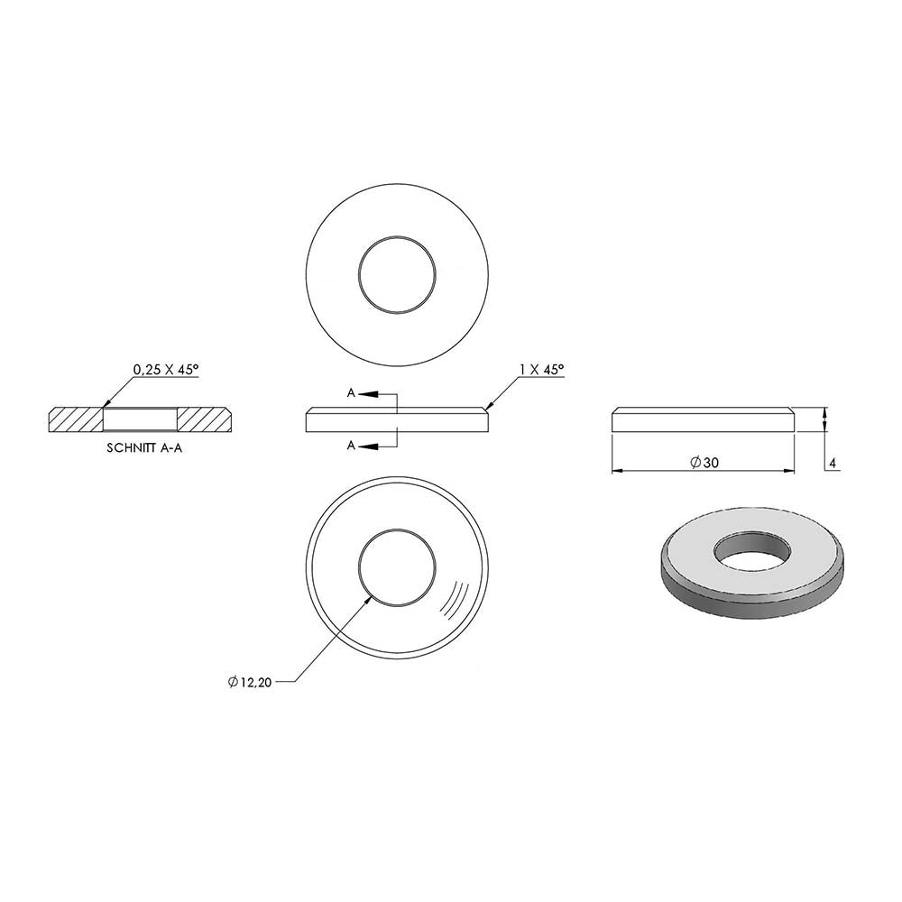Ronde flach ø 30mm, Stärke 4mm, mit ø 12,2mm Mittelbohrung