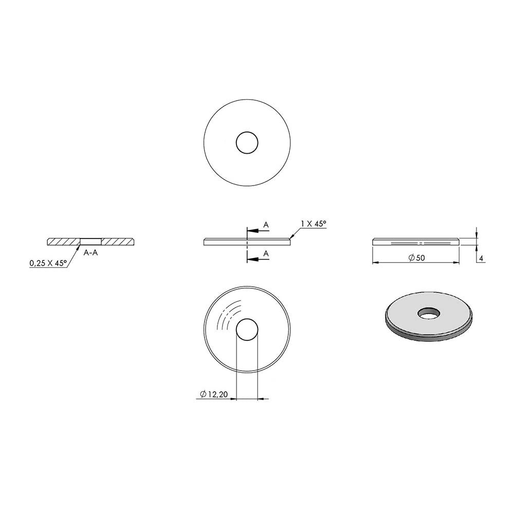 Ronde flach ø 50mm, Stärke 4mm, mit ø 12,2mm Mittelbohrung