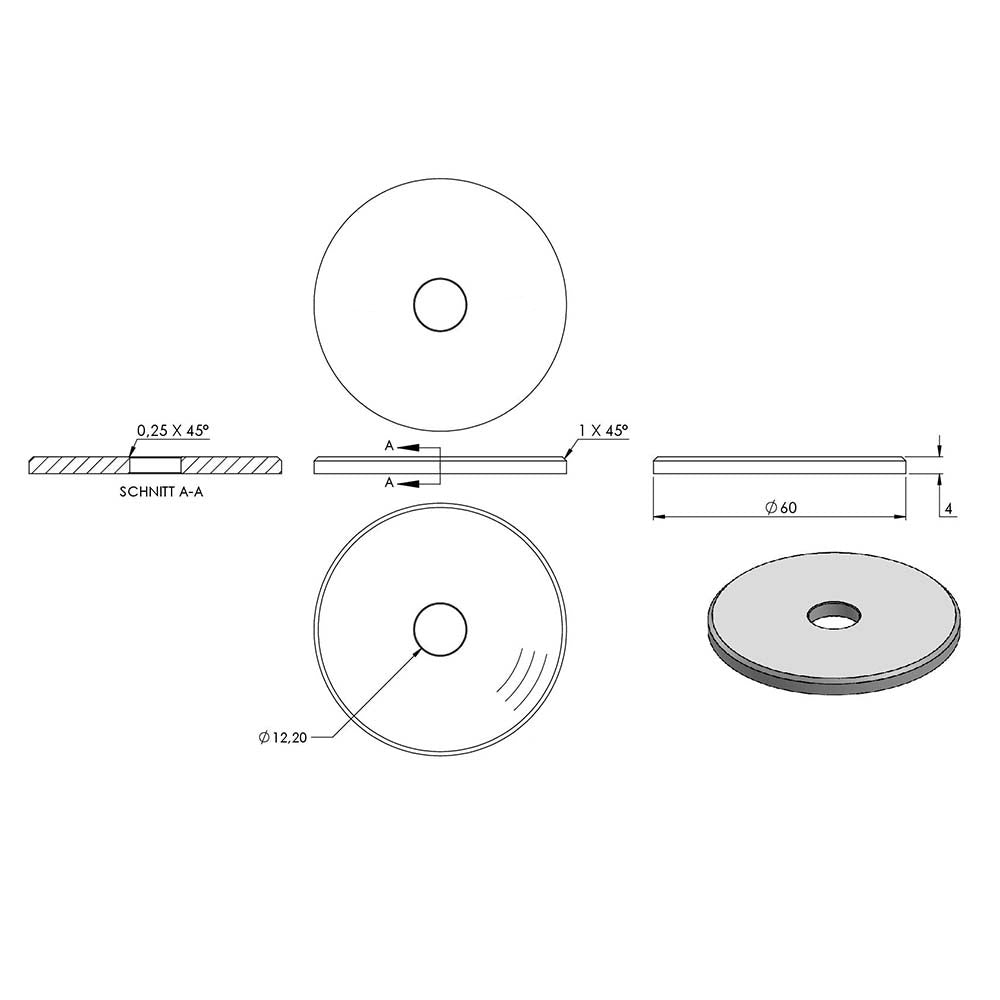 Ronde flach ø 60mm, Stärke 4mm, mit ø 12,2mm Mittelbohrung