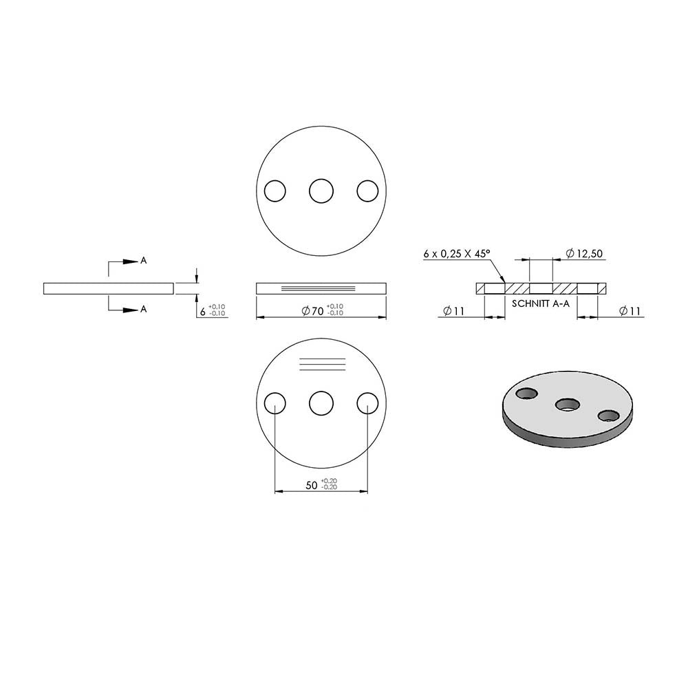Ankerplatte ø 70mm, Stärke 6mm, einseitig geschliffen, mit Längsschliff