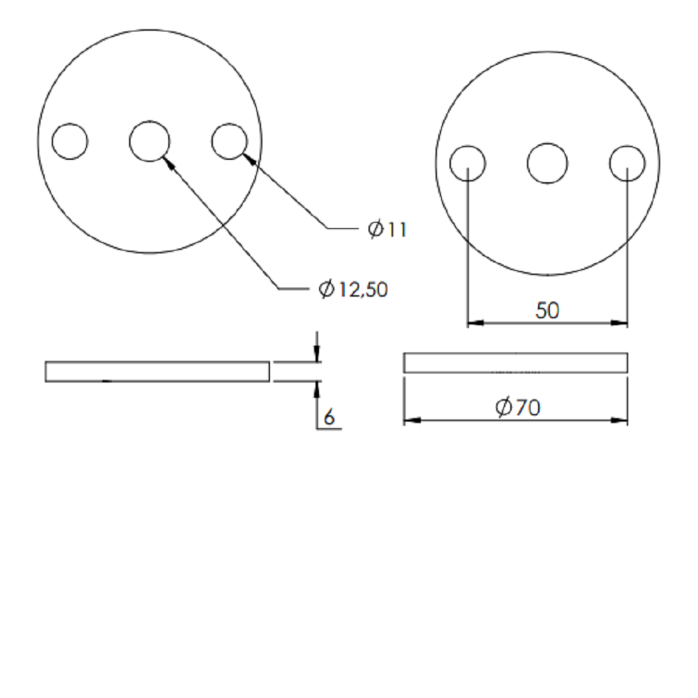 Ronde ø 70mm, Stärke 6mm, mit zwei ø 11mm Bohrungen und ø 12,5mm Mittelbohrung, Stahl roh