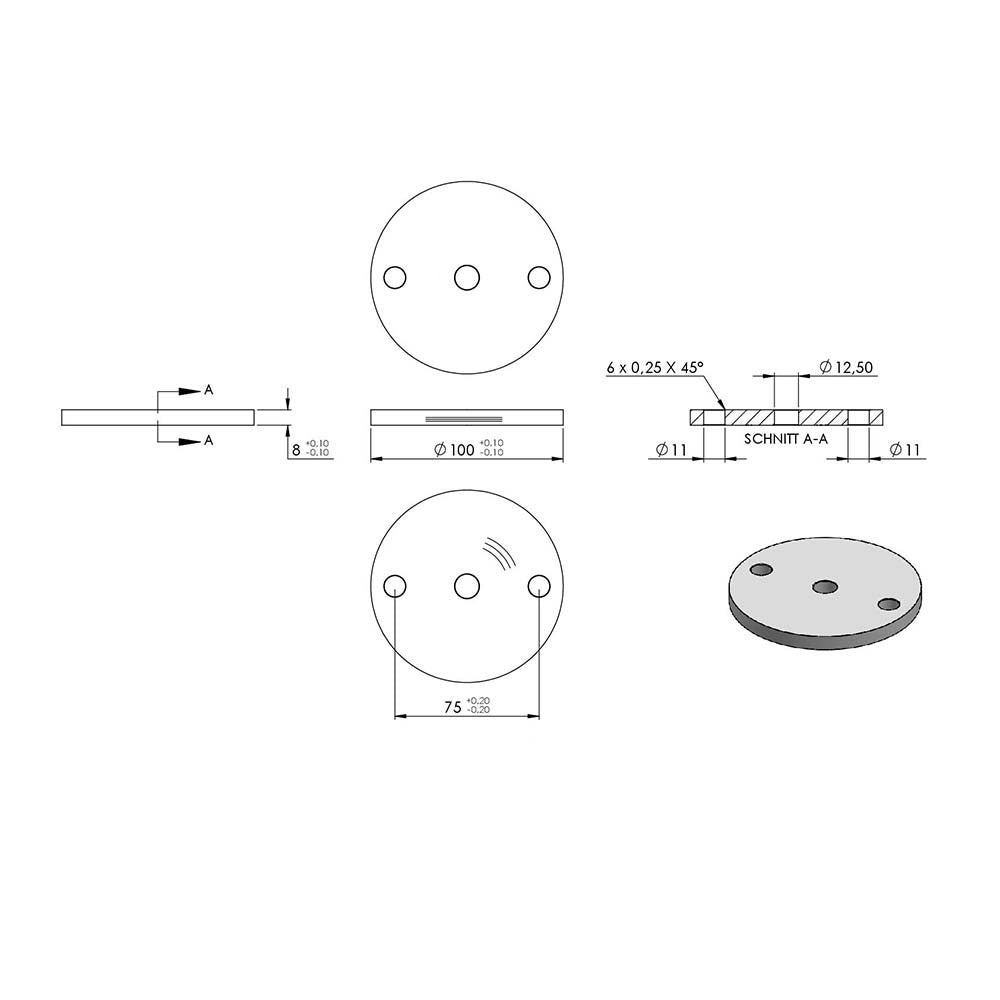 Ankerplatte ø 100mm, Stärke 8mm, einseitig geschliffen, mit Rundschliff
