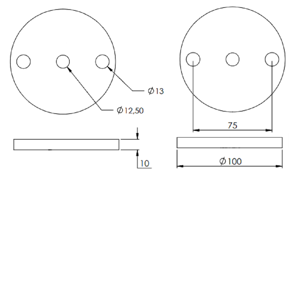 Ronde ø 100mm, Stärke 10mm, mit zwei ø 13mm Bohrungen und ø 12,5mm Mittelbohrung, gelasert, Stahl roh