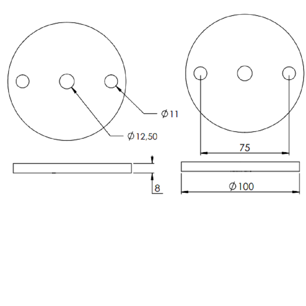 Ronde ø 100mm, Stärke 8mm, mit zwei ø 11mm Bohrungen und ø 12,5mm Mittelbohrung, Stahl roh