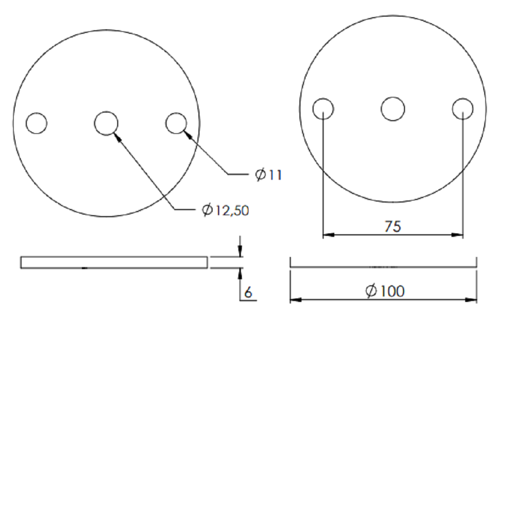 Ronde ø 100mm, Stärke 6mm, mit zwei ø 11mm Bohrungen und ø 12,5mm Mittelbohrung, Stahl roh