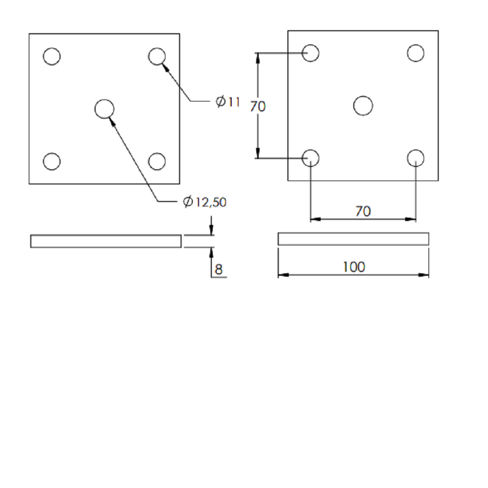 Ankerplatte 100 x 100mm, Stärke 8mm, mit vier ø 11mm Bohrungen und ø 12,5mm Mittelbohrung, Stahl roh
