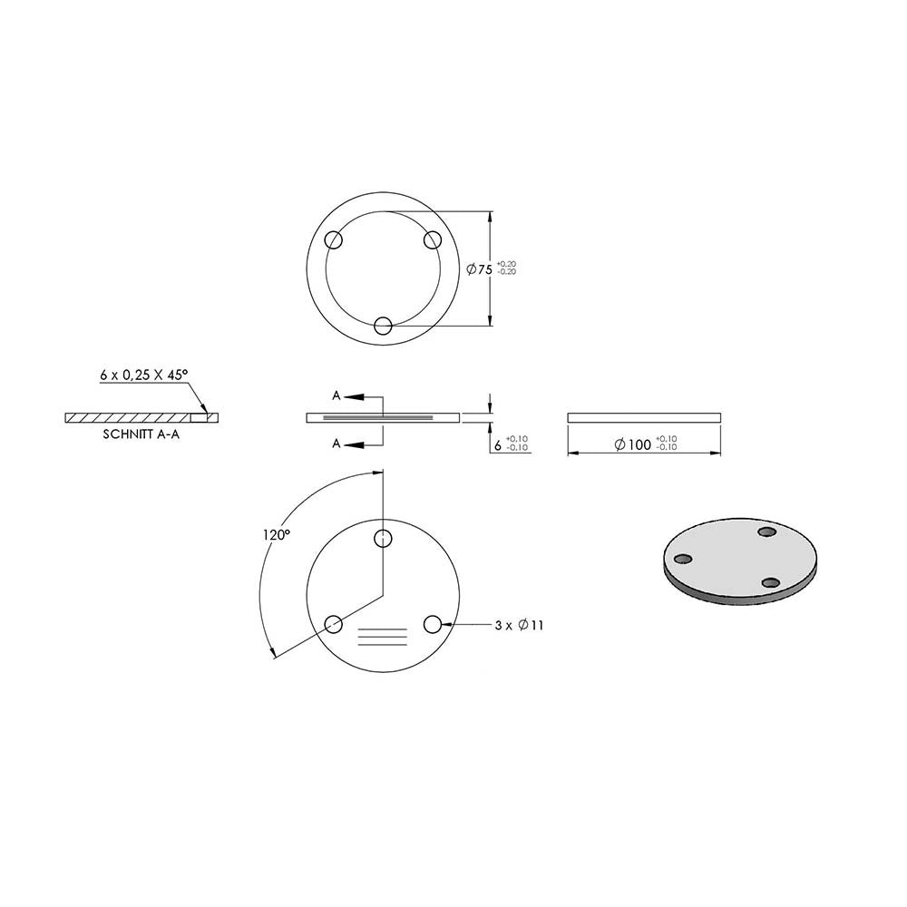 Ronde ø 100mm, Stärke 6mm, mit drei ø 11mm Bohrungen, einseitig geschliffen, mit Längsschliff