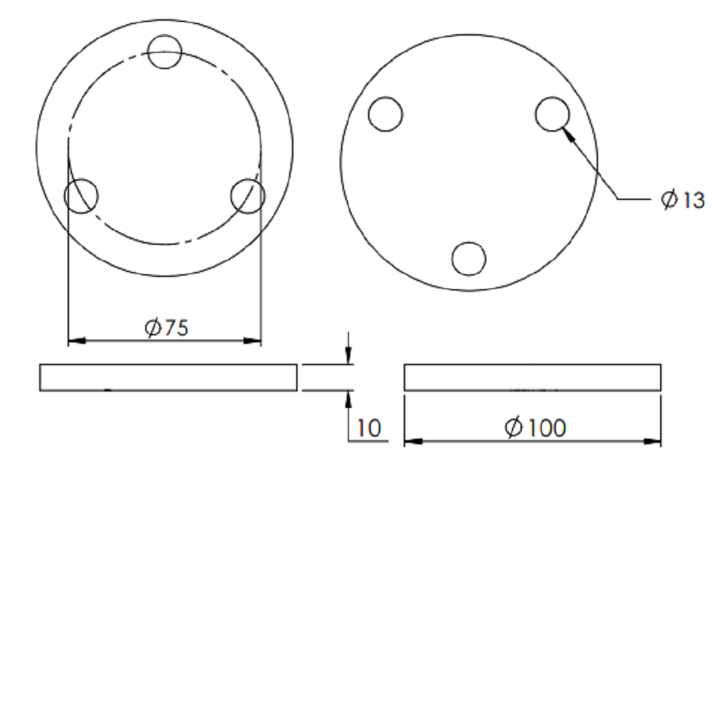 Ronde ø 100mm, Stärke 10mm, mit drei ø 13mm Bohrungen, gelasert, Stahl roh