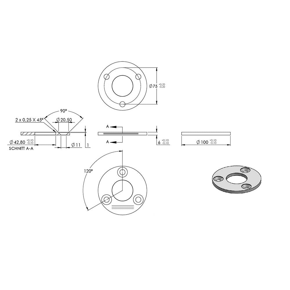 Ronde ø 100mm, Stärke 6mm, mit drei ø 11mm Senkbohrungen und mittiger ø 42,8mm Bohrung, mit Längsschliff