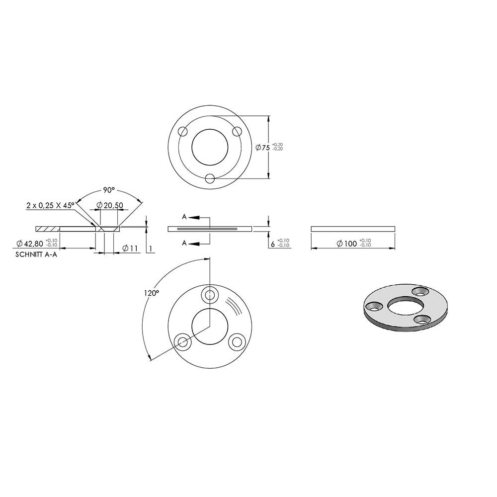 Ronde ø 100mm, Stärke 6mm, mit drei ø 11mm Senkbohrungen und mittiger ø 42,8mm Bohrung, mit Rundschliff