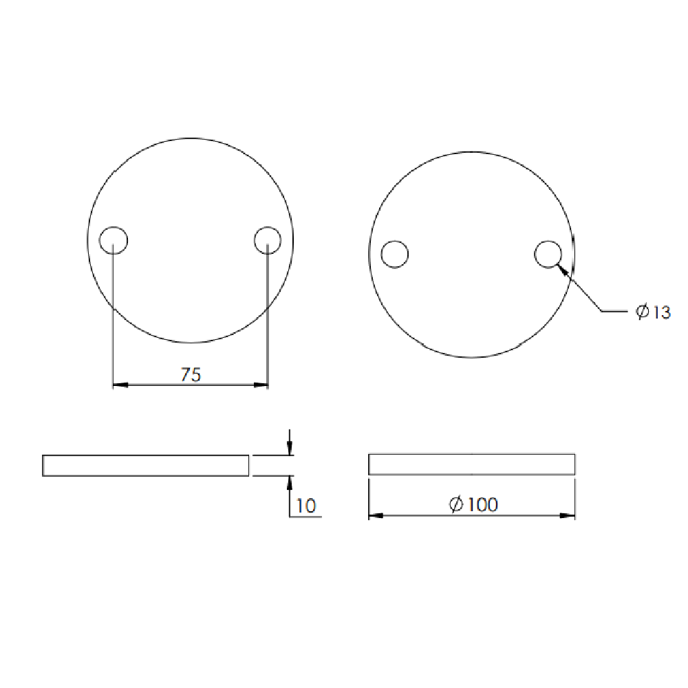Ronde ø 100mm, Stärke 10mm, mit zwei ø 13mm Bohrungen, gelasert, Stahl roh