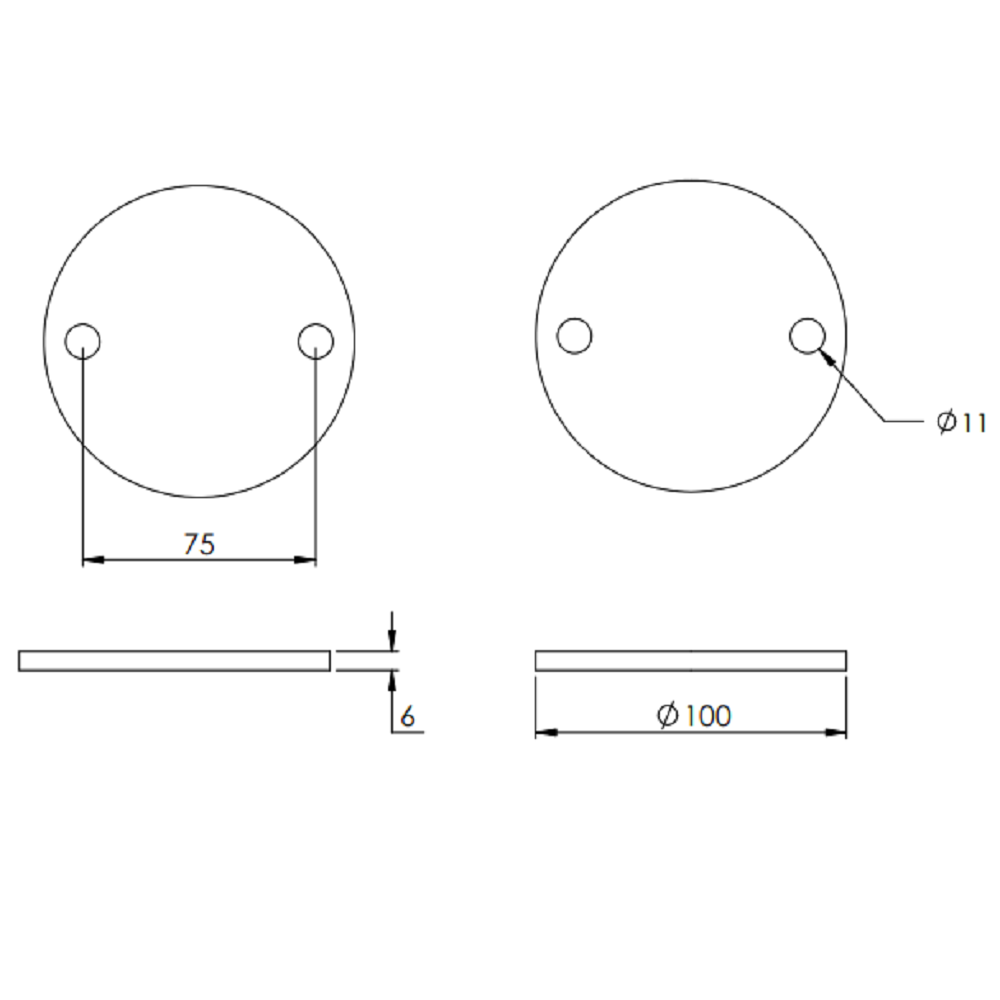 Ronde ø 100mm, Stärke 6mm, mit zwei ø 11mm Bohrungen, gelasert, Stahl roh