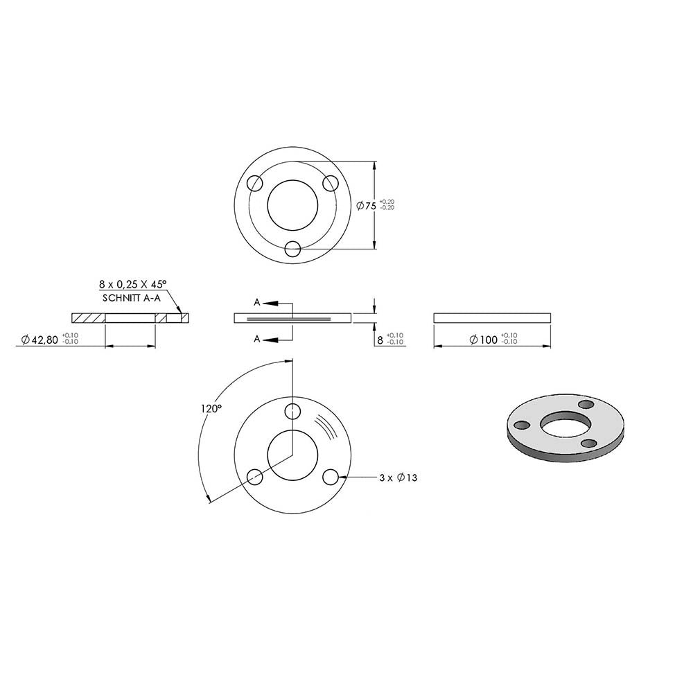 Ronde ø 100mm, Stärke 8mm, mit drei ø 13mm Bohrungen und mittiger ø 42,8mm Bohrung, mit Rundschliff