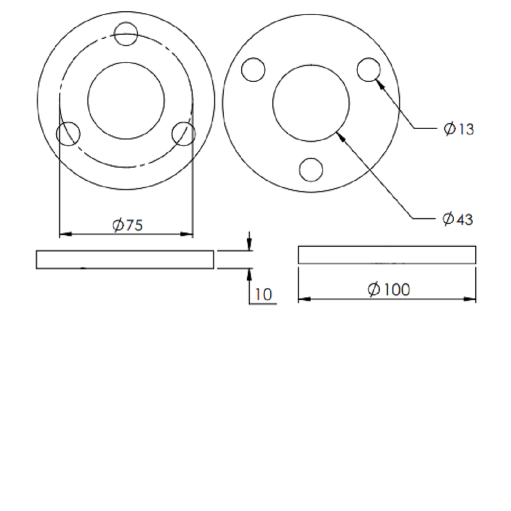 Ronde ø 100mm, Stärke 10mm, mit drei ø 13mm Bohrungen und ø 43mm Mittelbohrung, gelasert, Stahl roh