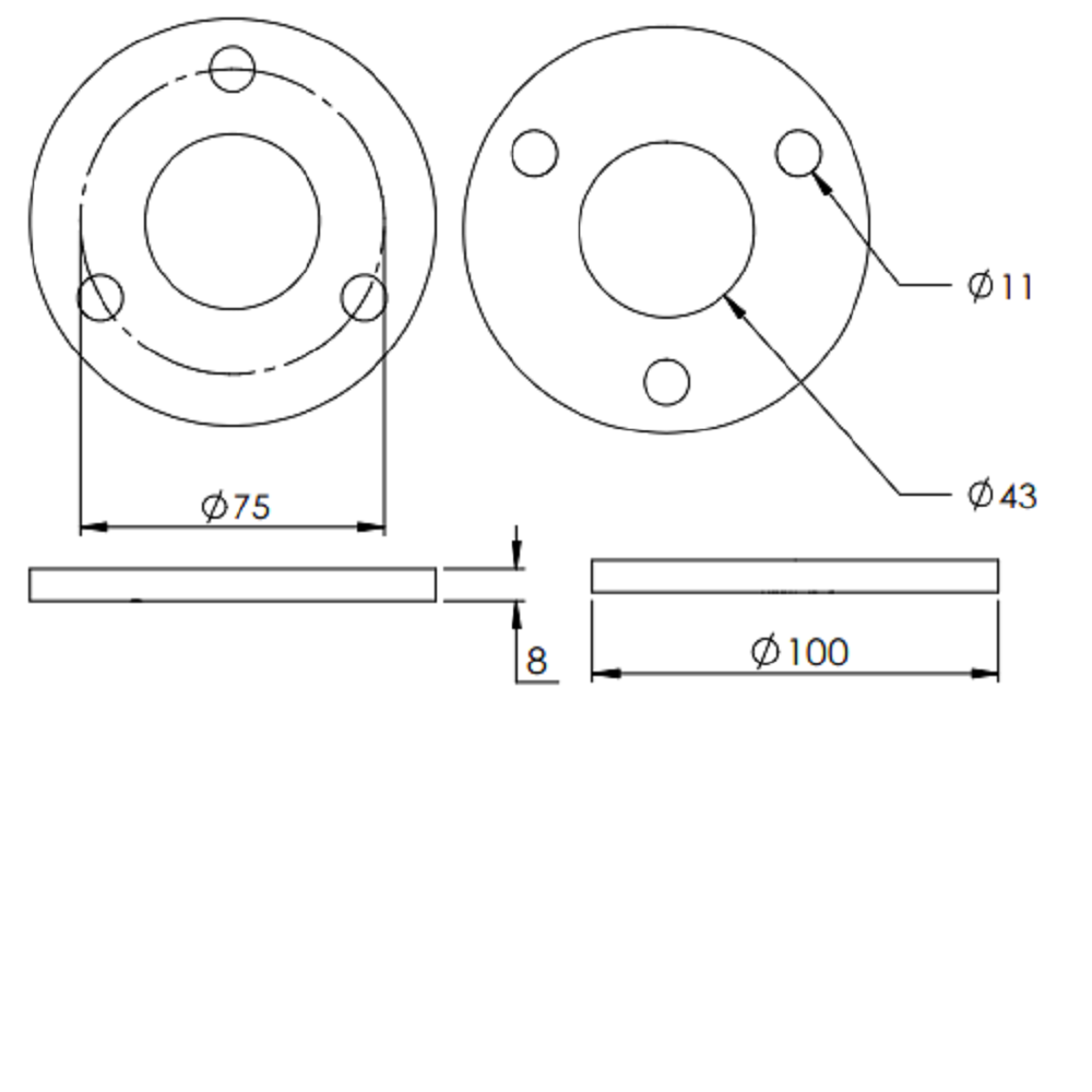 Ronde ø 100mm, Stärke 8mm, mit drei ø 11mm Bohrungen und ø 43mm Mittelbohrung, gelasert, Stahl roh