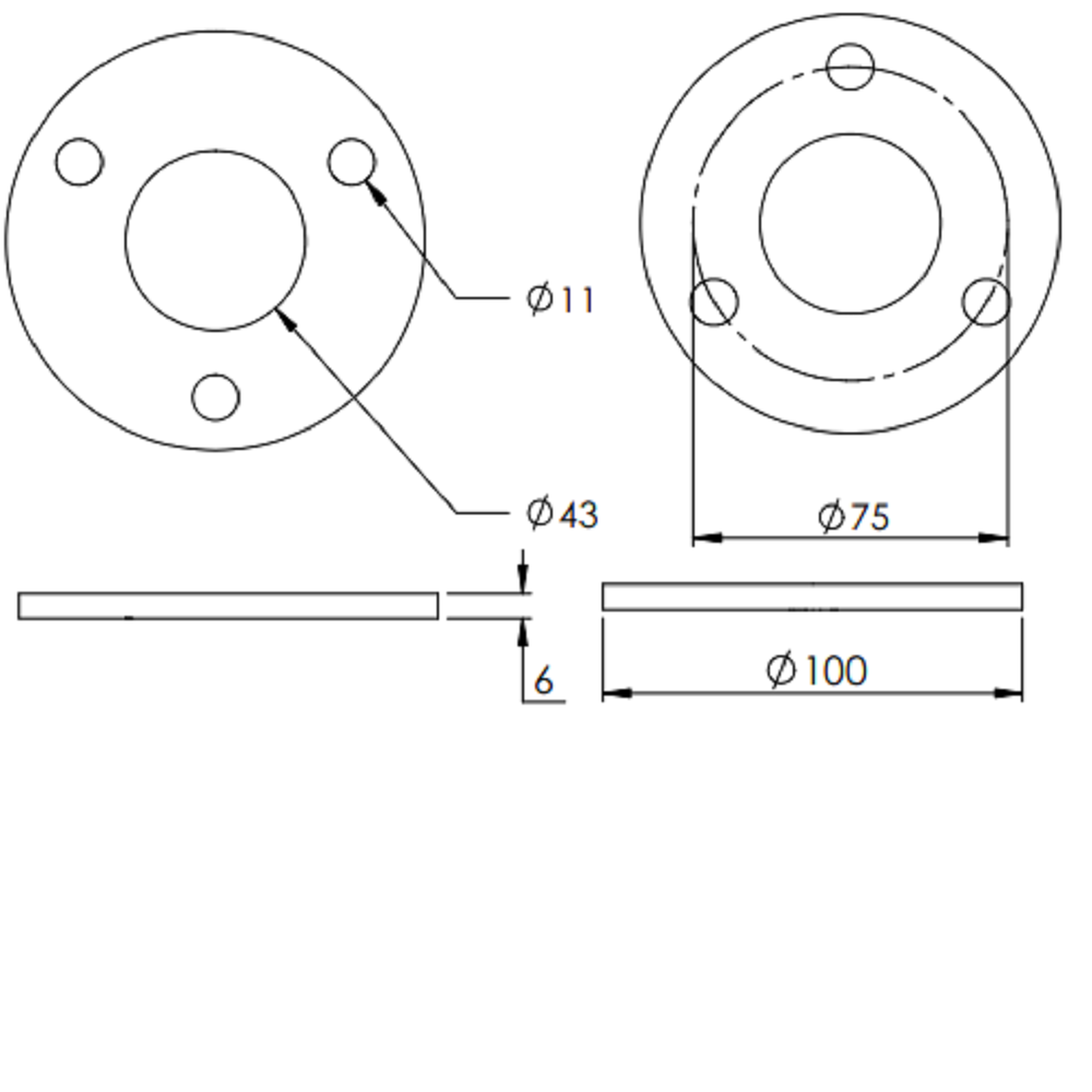Ronde ø 100mm, Stärke 6mm, mit drei ø 11mm Bohrungen und ø 43mm Mittelbohrung, gelasert, Stahl roh