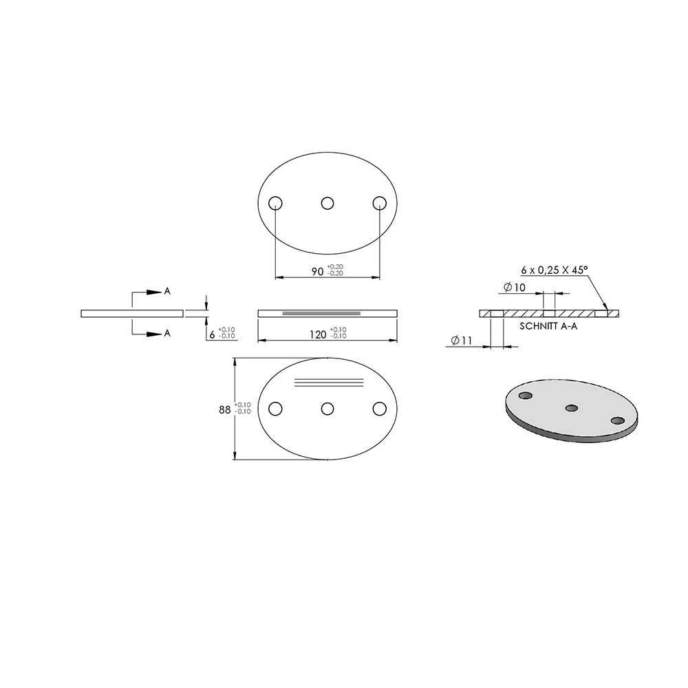 Ronde oval ø 120 x 88mm, Stärke 6mm, mit zwei ø 11mm und einer ø 10mm Mittel-Bohrungen, einseitig geschliffen, mit Längsschliff