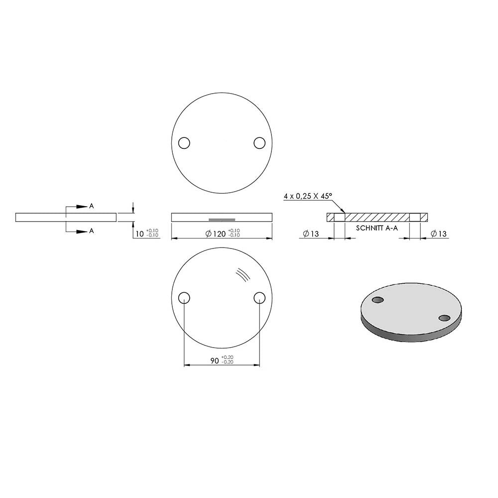 Ronde ø 120mm, Stärke 10mm, mit zwei ø 13mm Bohrungen, einseitig geschliffen, mit Rundschliff