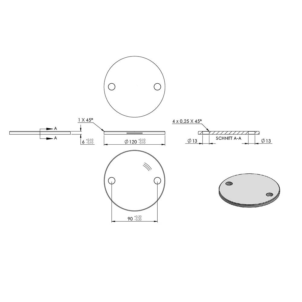Ronde ø 120mm mit Fase, Stärke 6mm, mit zwei ø 13mm Bohrungen, einseitig geschliffen, mit Rundschliff