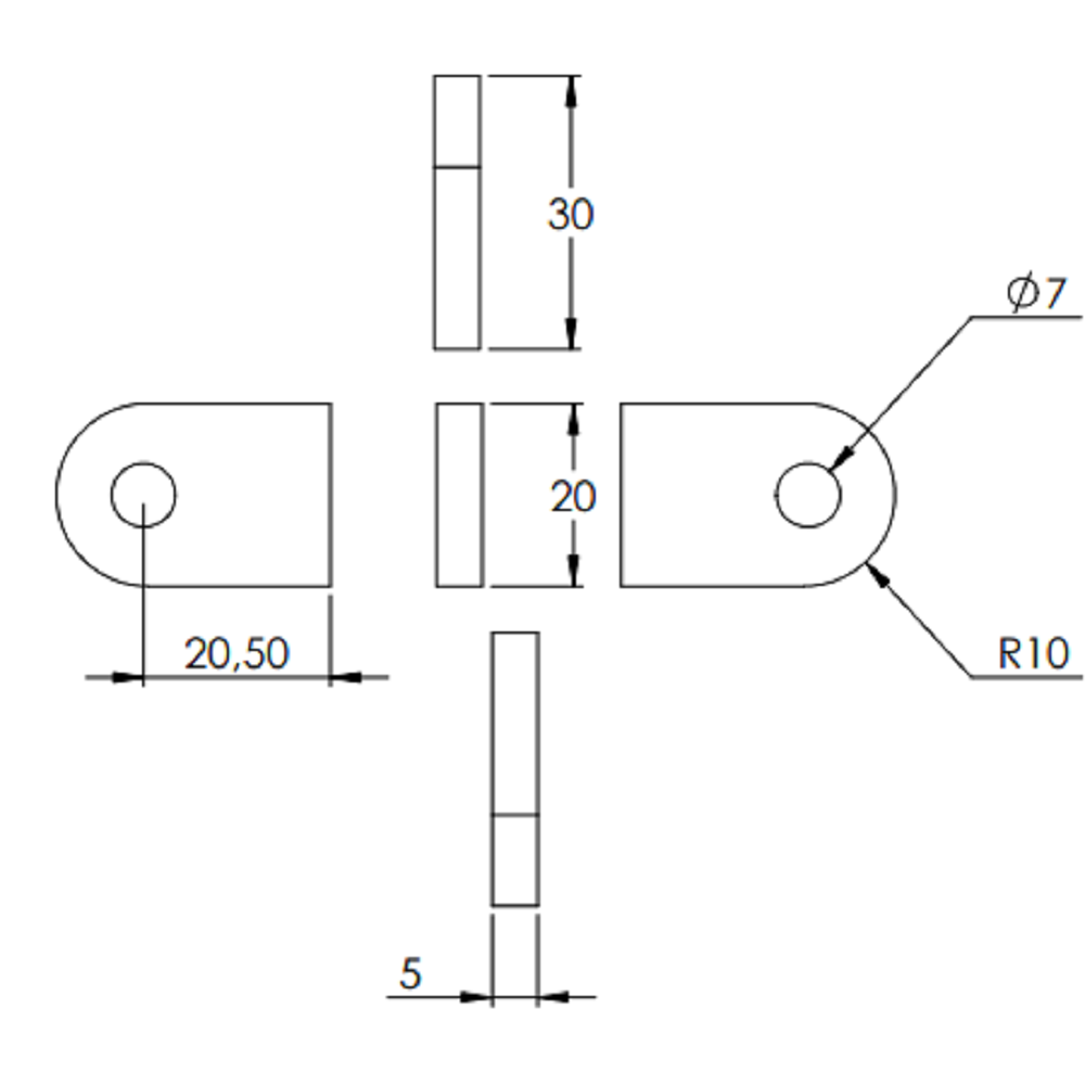 Anschweißlasche 30 x 20mm, Stärke 5mm, mit ø 7mm Rundloch, Stahl roh