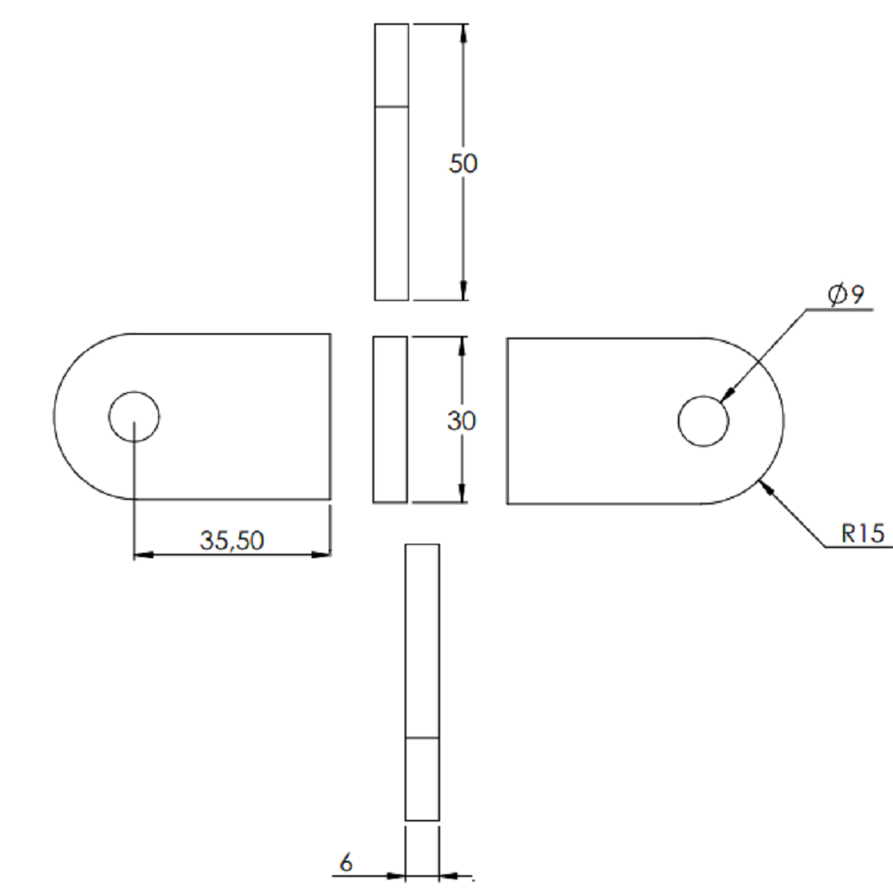 Anschweißlasche 50 x 30mm, Stärke 6mm, mit ø 9mm Rundloch, Anschluss flach, Stahl roh