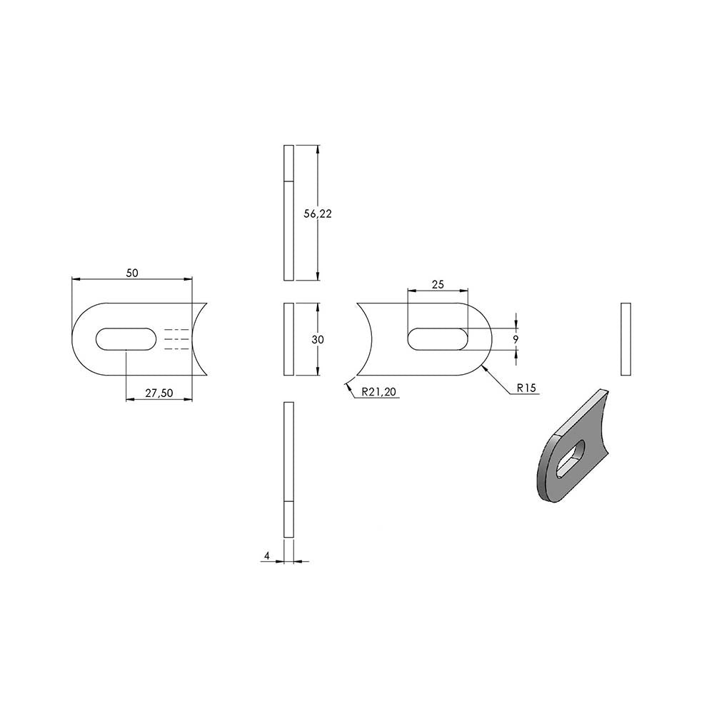 Anschweißlasche 50 x 30mm, Stärke 4mm, Anschluss ø 42,4mm, beidseitig geschliffen, mit 25 x 9mm Langloch
