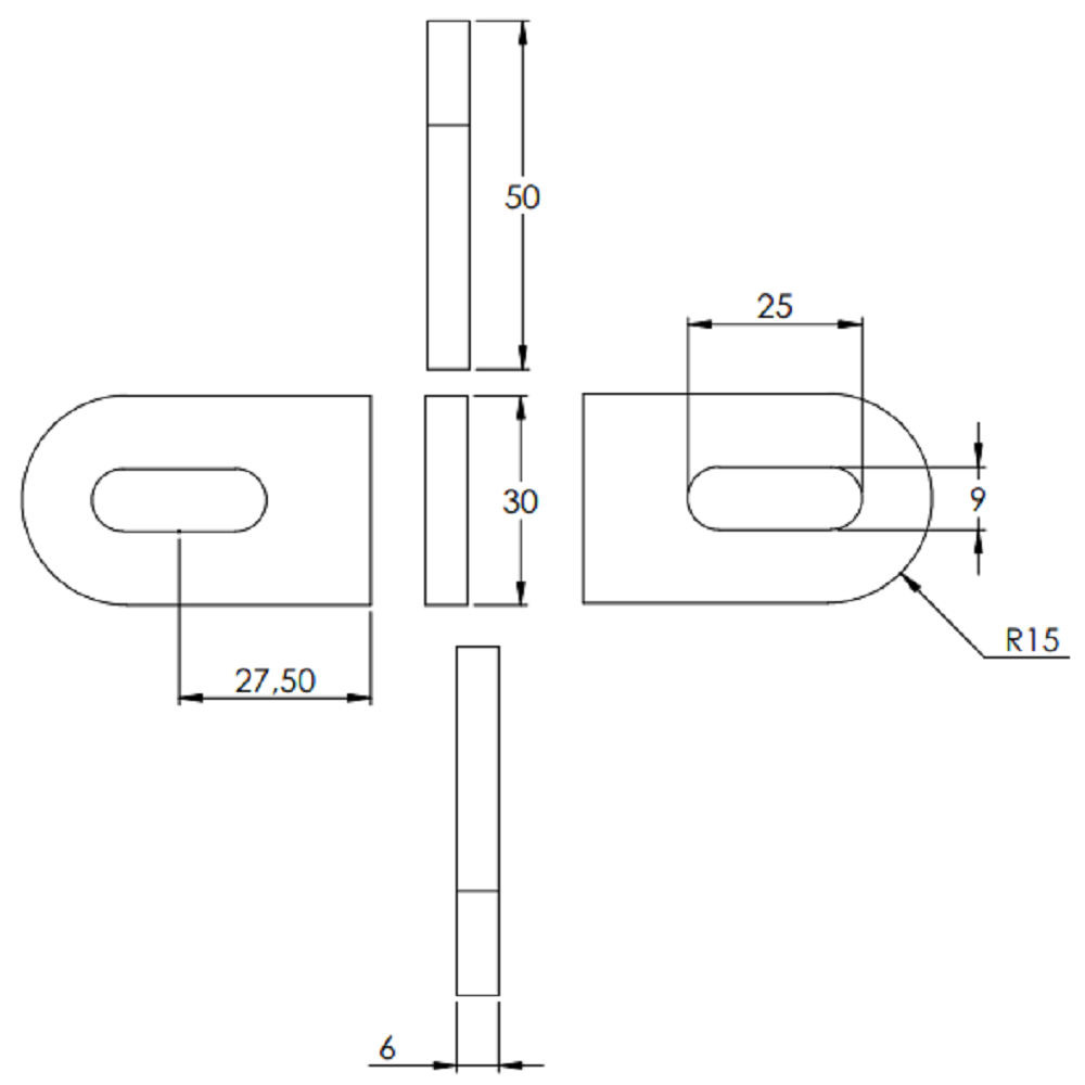 Anschweißlasche 50 x 30mm, Stärke 6mm, mit 9 x 25mm Langloch, Anschluss flach, Stahl roh