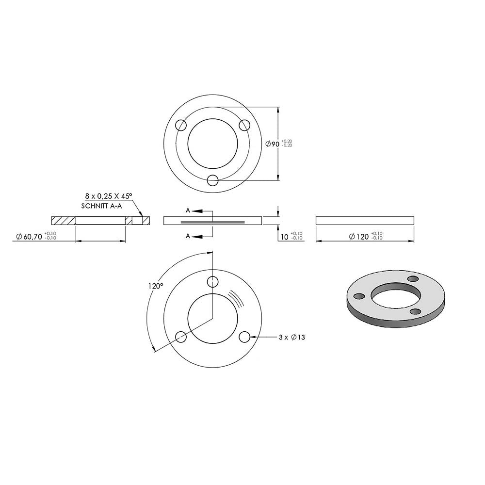 Ronde ø 120mm, Stärke 10mm, mit drei ø 13mm Bohrungen und mittiger ø 60,7mm Bohrung, mit Rundschliff
