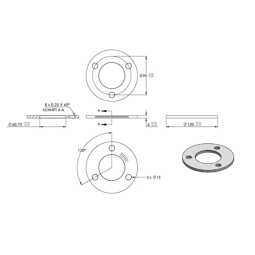 Ronde ø 120mm, Stärke 6mm, mit drei ø 13mm Bohrungen und mittiger ø 60,3mm Bohrung, mit Rundschliff