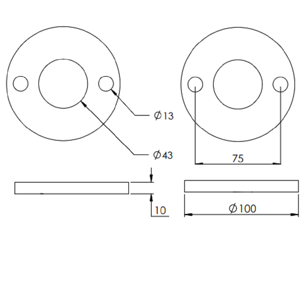 Ronde ø 100mm, Stärke 10mm, mit zwei ø 13mm Bohrungen und ø 43mm Mittelbohrung, gelasert, Stahl roh