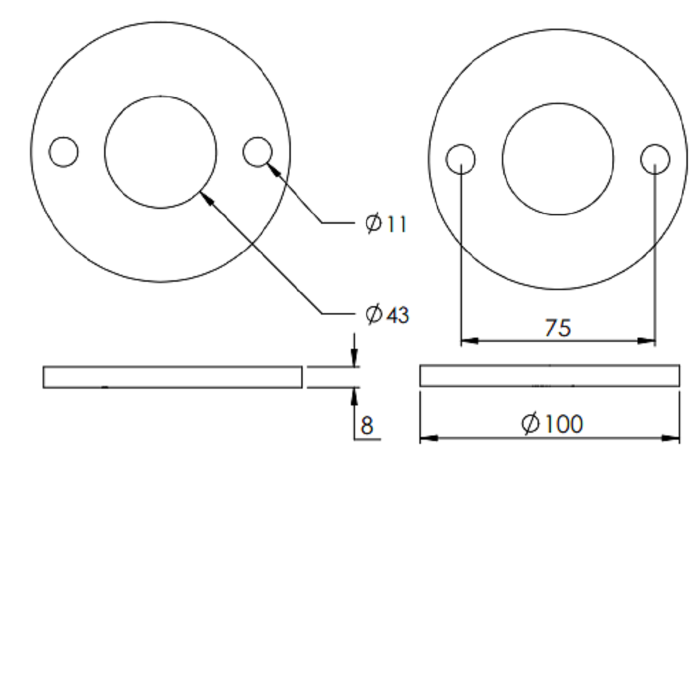 Ronde ø 100mm, Stärke 8mm, mit zwei ø 11mm Bohrungen und ø 43mm Mittelbohrung, Stahl roh