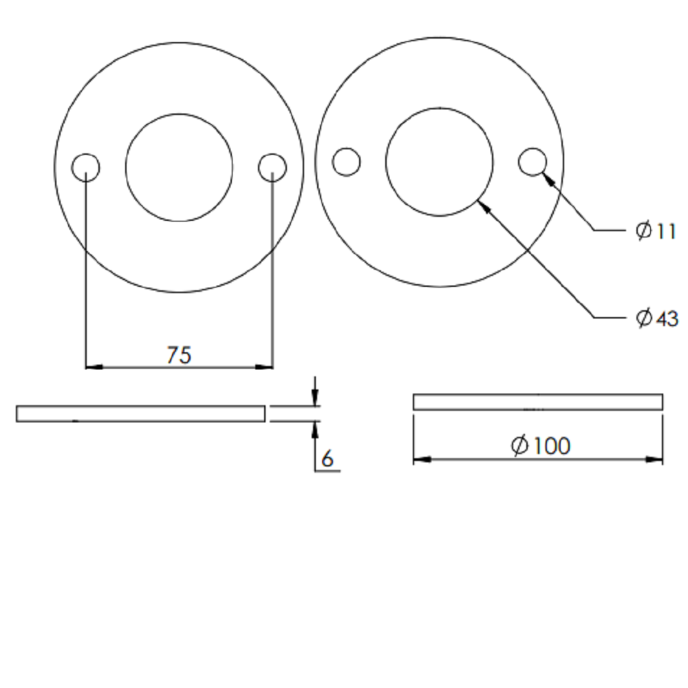 Ronde ø 100mm, Stärke 6mm, mit zwei ø 11mm Bohrungen und ø 43mm Mittelbohrung, Stahl roh