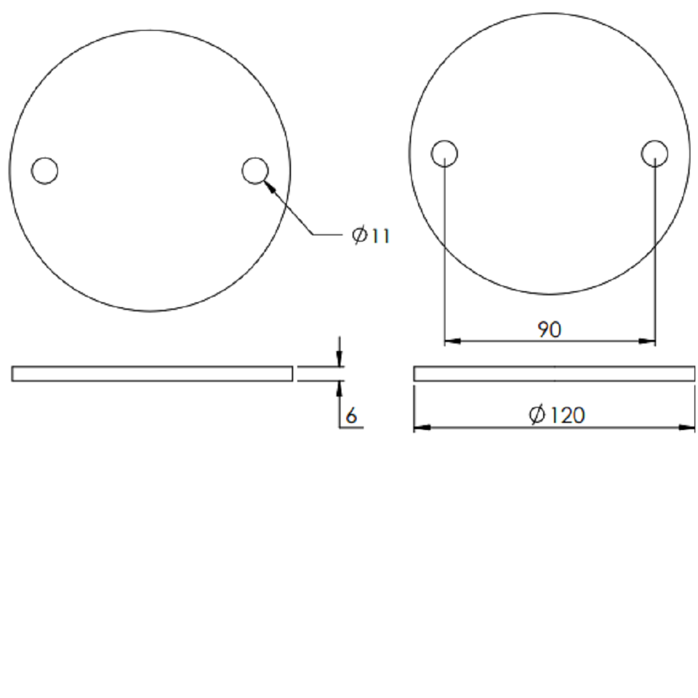 Ronde ø 120mm, Stärke 6mm, mit zwei ø 11mm Bohrungen, gelasert, Stahl roh
