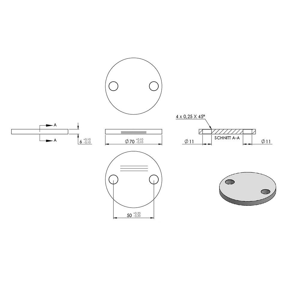 Ronde ø 70mm, Stärke 6mm, mit zwei ø 11mm Bohrungen, einseitig geschliffen, mit Längsschliff